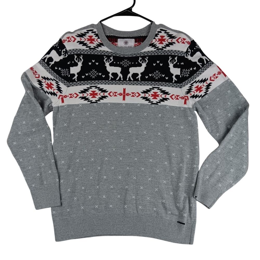 On the Bias Southwest Holiday Sweater Mens Medium Gray Deer‎ Ribbed Long Sleeve